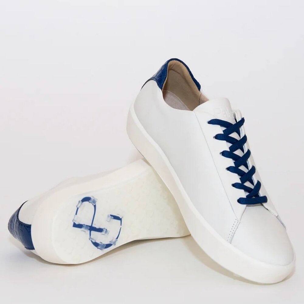 PAKIRA GOLF Diva Dundee Golf Shoes 9.5 WHT Calf Leather Navy Embossed Croc Heel